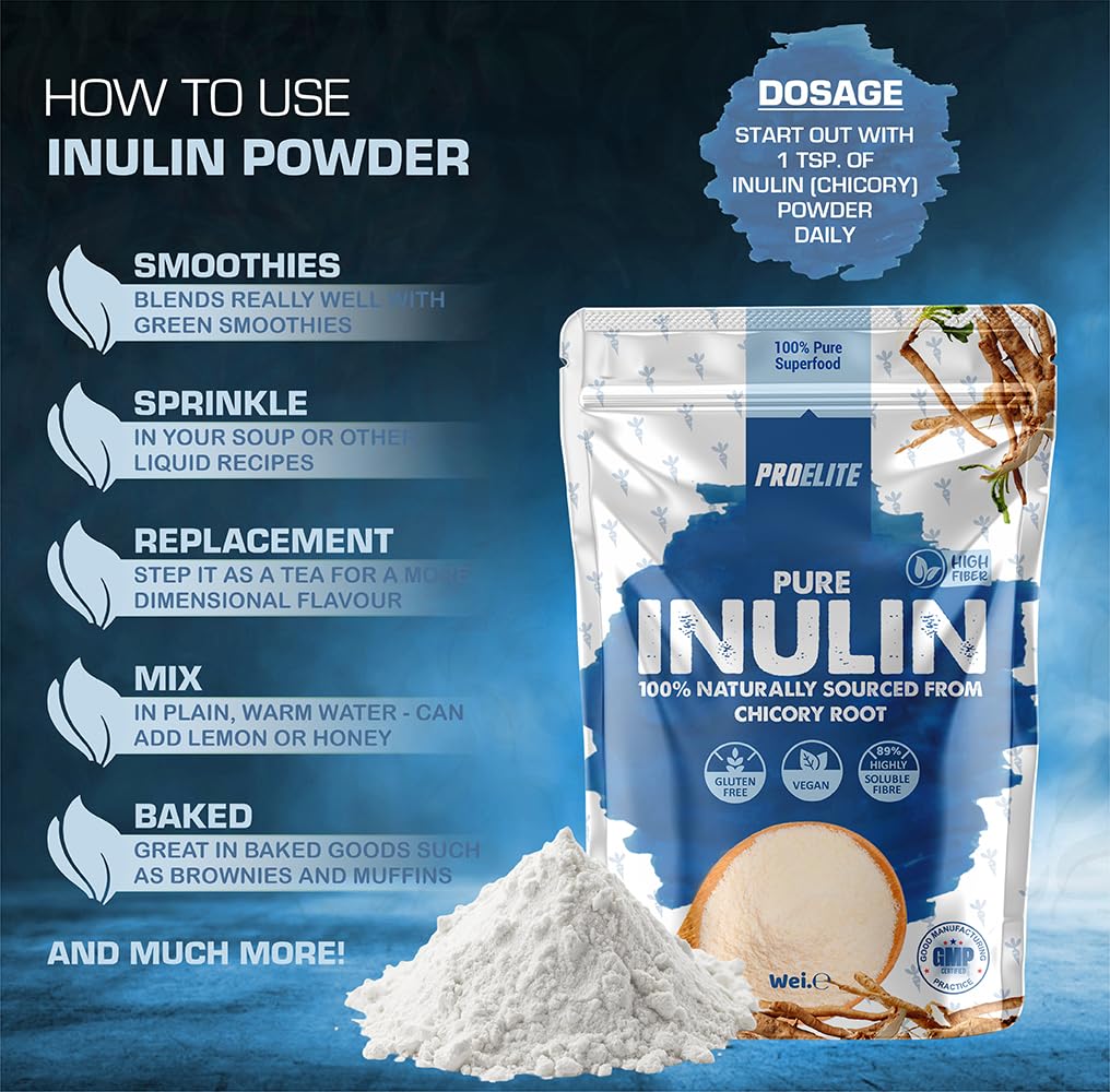 Pure Inulin Powder Prebiotic Soluble Fibre Powder - Vegan, GMO Free, Gluten Free Made in EU from Natural Chicory Root Fructo OligoSaccharide FOC Powder by PROELITE (250g)