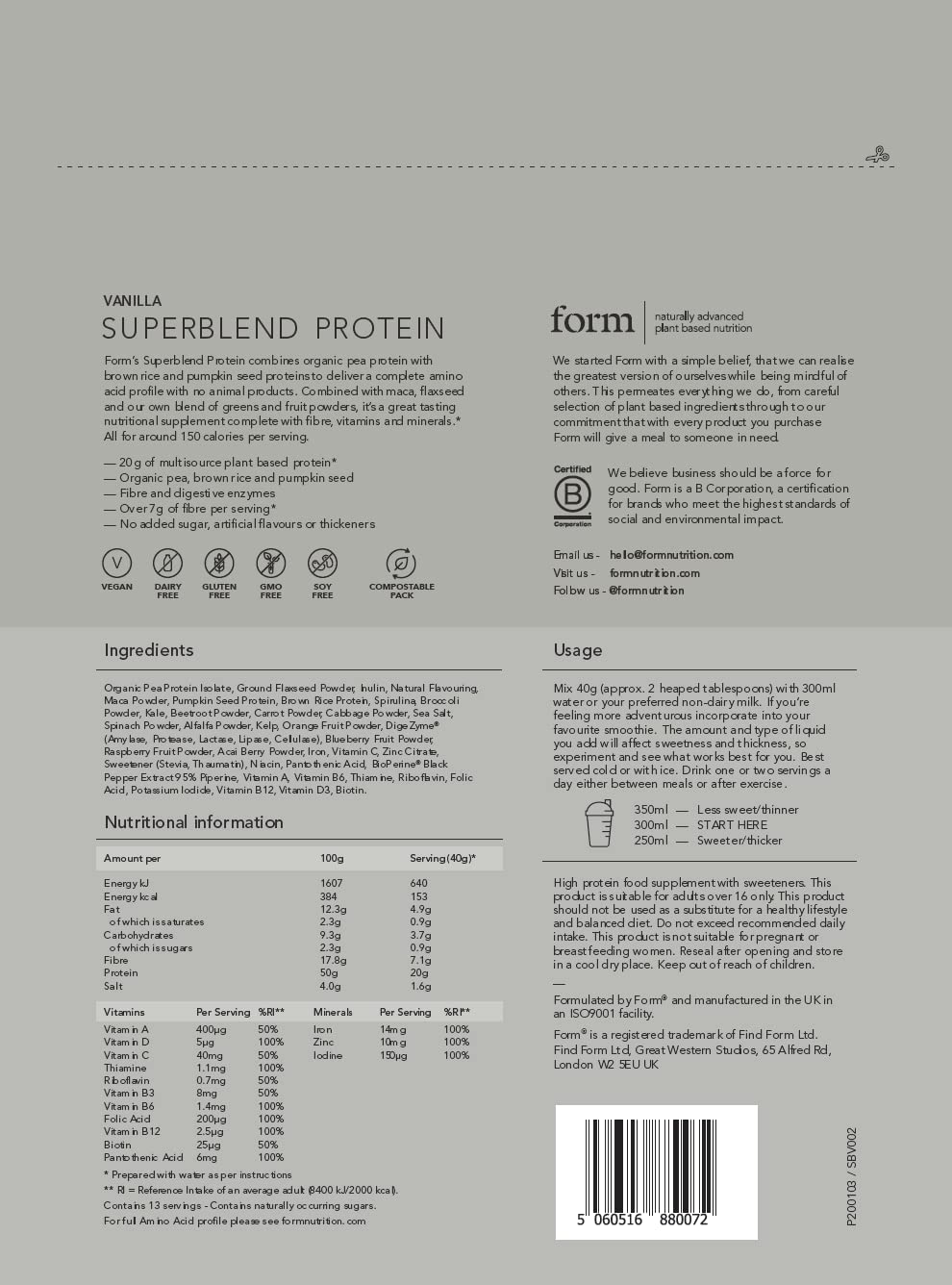 Form Superblend Protein - Vegan Protein Powder with Superfoods, Vitamins and Minerals - 20g of Plant Based Protein per Serving (Vanilla)