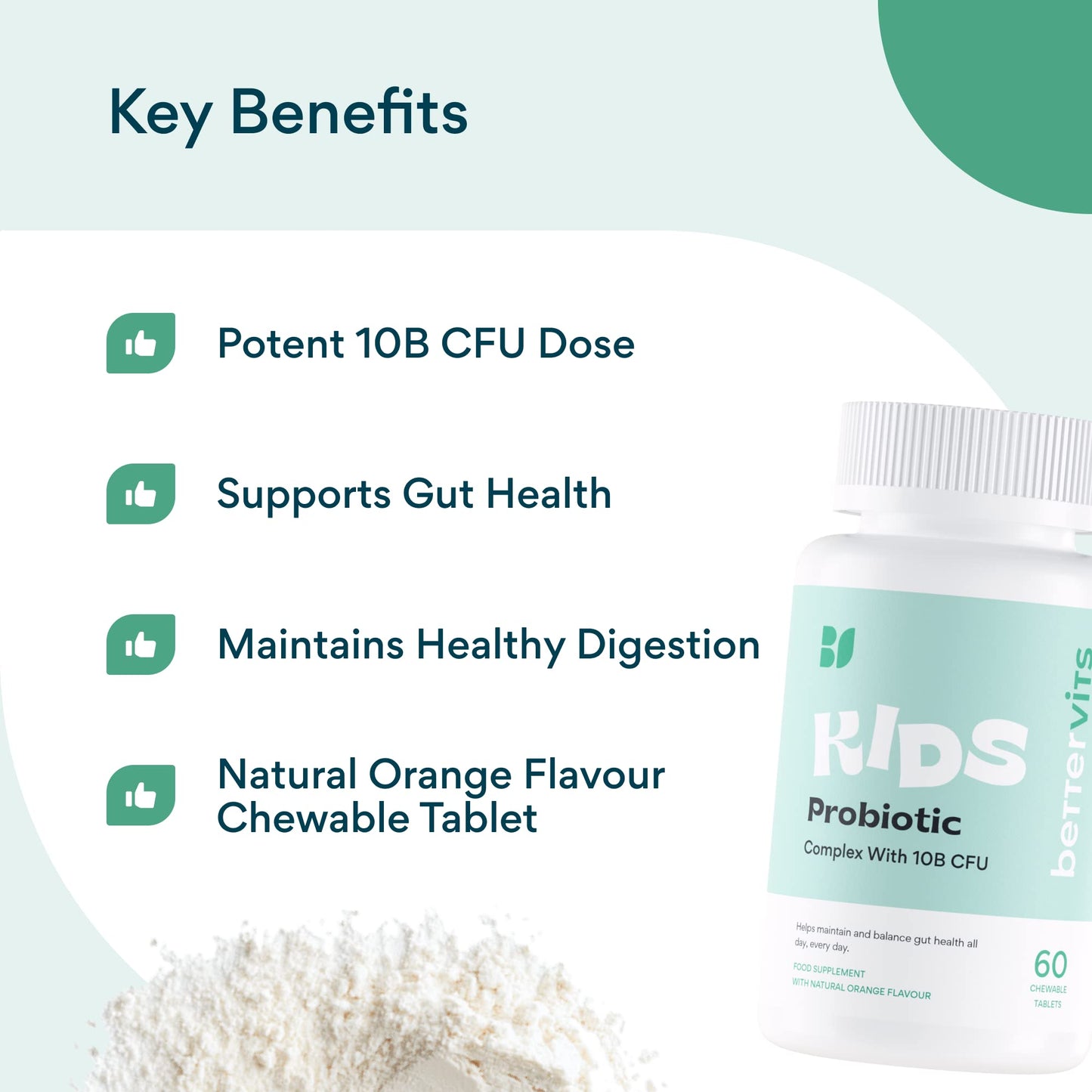 Bettervits Kids Chewable Probiotic | 10B CFU | 10-16 Year Olds | Includes Prebiotic | For Gut Health, Immunity & More