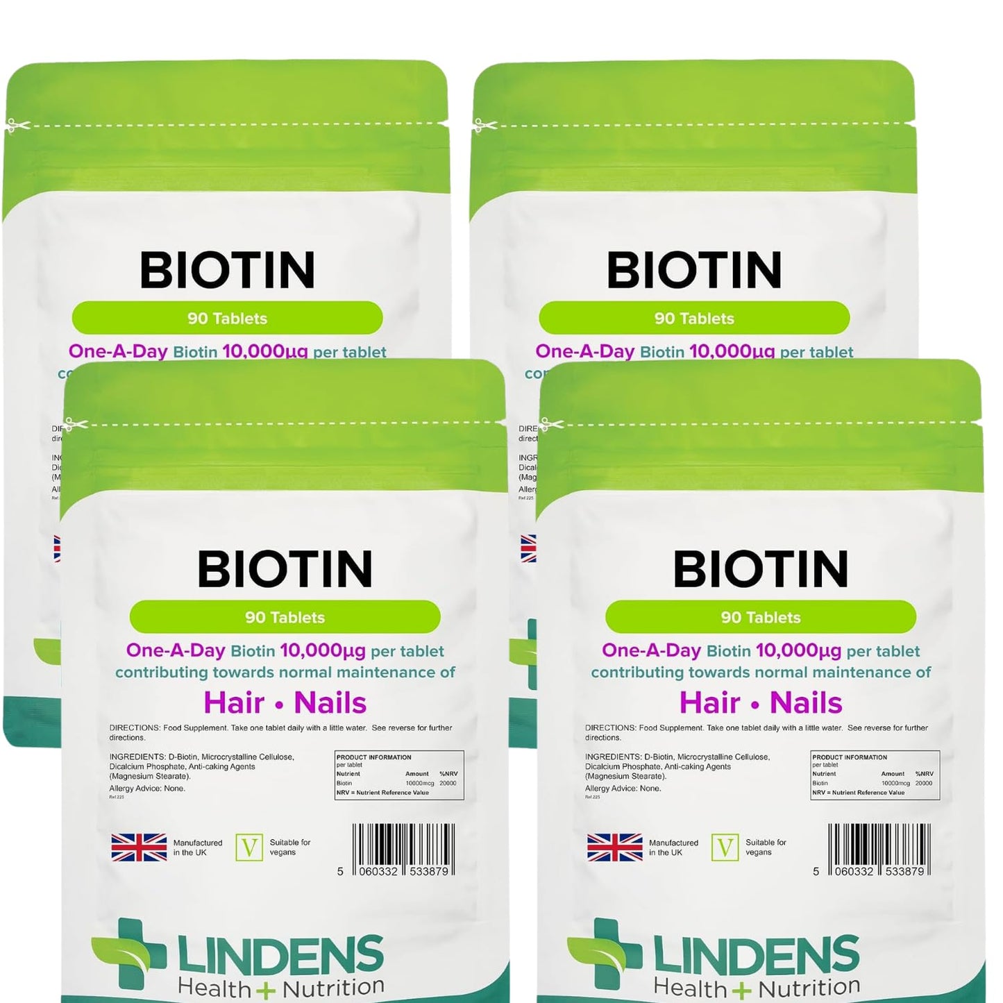 Lindens Biotin 10mg Tablets - 360 Pack - Contributes Towards Normal Hair and Nail Strength for Women & Men with Each Serving Contains 100X Nrv of Biotin - UK Manufacturer, Letterbox Friendly