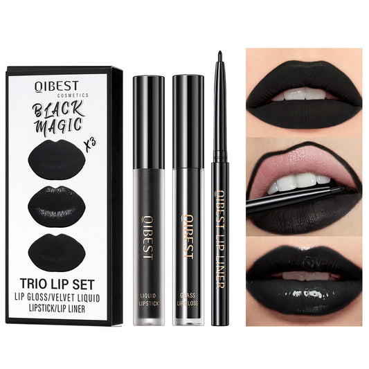 Shengqialun 3PCS Black Matte Liquid Lipstick, Lip Liner and Lipstick Set, Black Lip Gloss, Long-Lasting Velvety Lipstick One-Step Lip Makeup Set for Daily Makeup Goth Makeup and Holiday