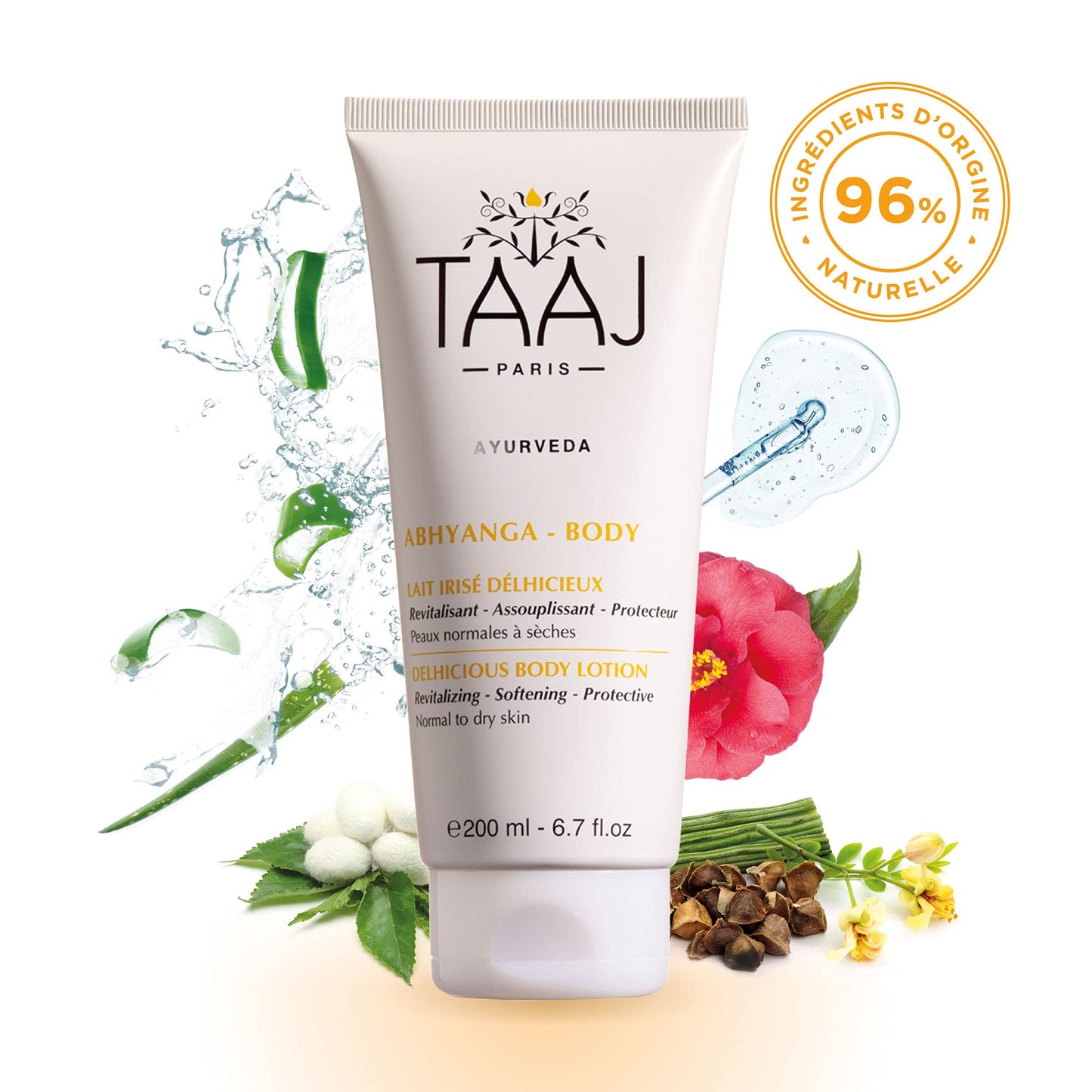 TAAJ | Lait Irisé Delhicieux | ABHYANGA | Hydrates, Protects & Softens | For supple, shower and refreshed skin | No Greasy Effect | 96% ingredients of natural origin | Cruelty Free | 200ml