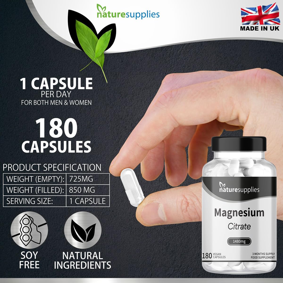 Magnesium Citrate Capsules 1480mg, 180 Per Bottle 3 Months Supply UK-Made, High Absorption Magnesium Supplements, Contributes to The Normal Function of Bones, Teeth, Energy - Naturesupplies…