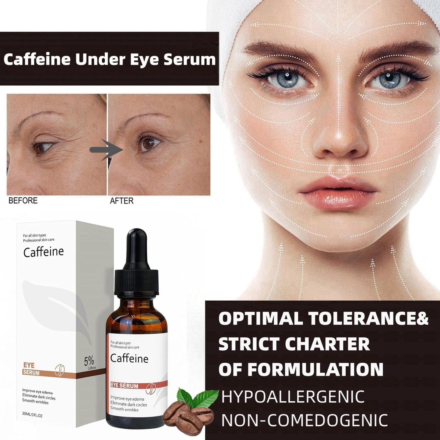 Jinjiar Caffeine & Hyaluronic Acid Under Eye Serum,Caffeine Eye Serum,Under Eye Cream for Dark Circles and Puffy Eyes,Eye Serum for Dark Circles,Eye Cream Anti Aging,Firming Eye Cream,Under Eye Treatment