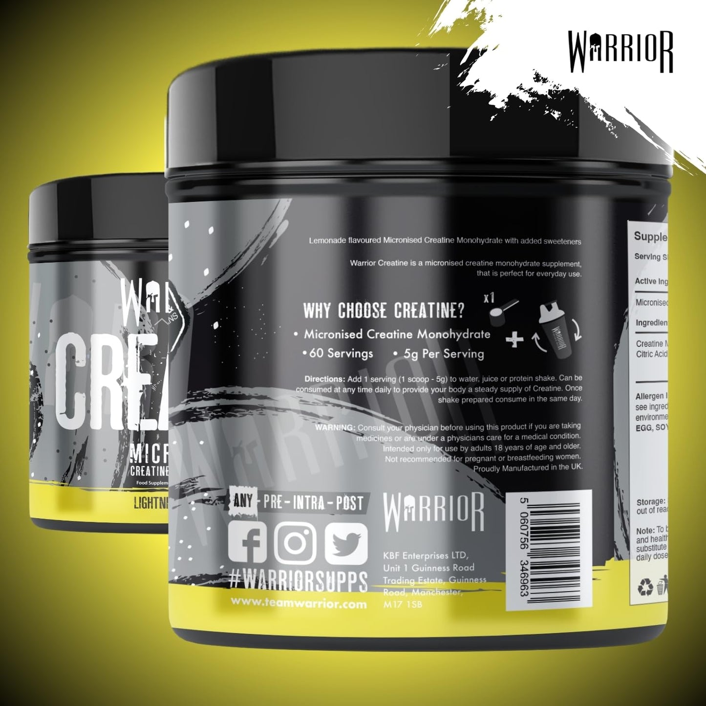 Warrior Creatine Monohydrate Powder 300g – Micronised – Proven to Improve Physical Performance and Recovery, 5g Servings (Lightning Lemonade)