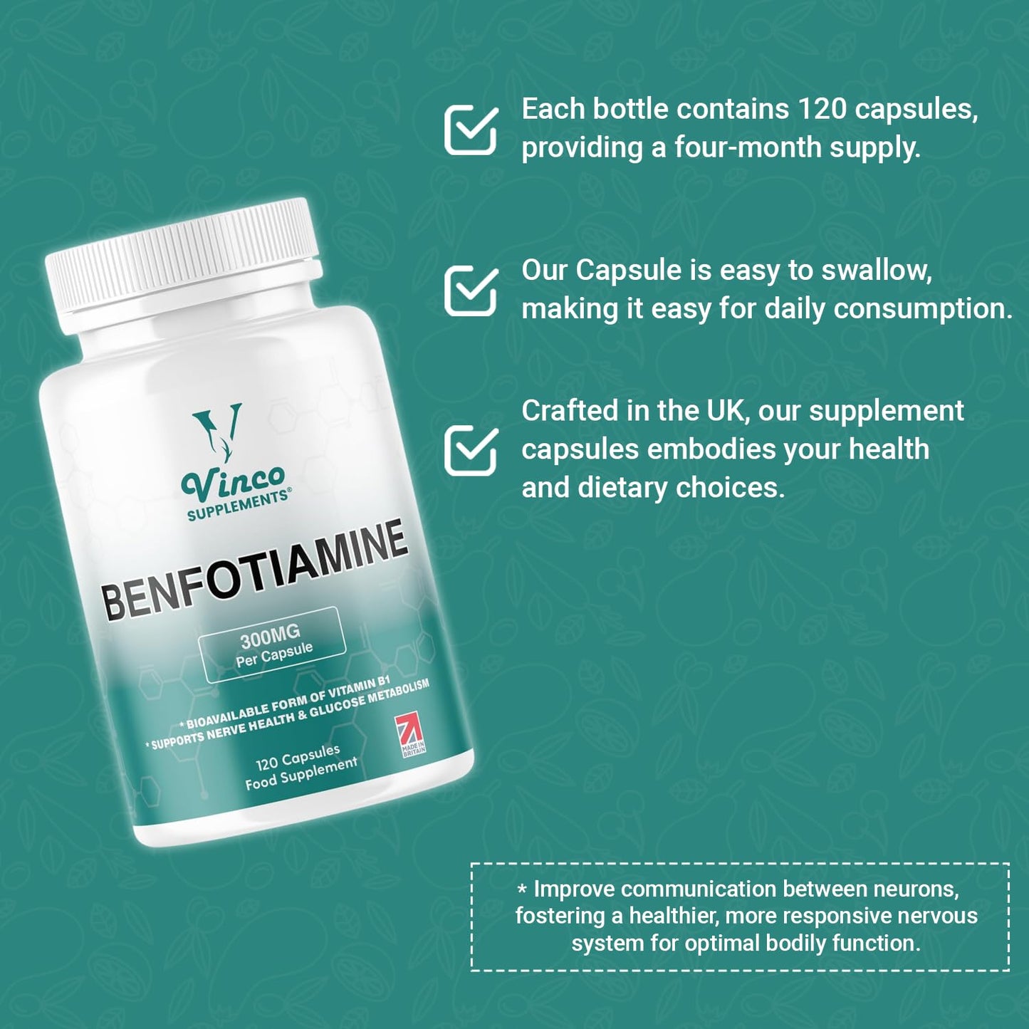 Vinco Supplements Vinco Benfotiamine 300mg - Vitamin B1 Thiamine High Strength for Heart & Kidney Support, 120 Vegan Capsules, Enhanced Cognitive Function, Energy & Antioxidants, Gluten & Allergen-Free - Made in UK