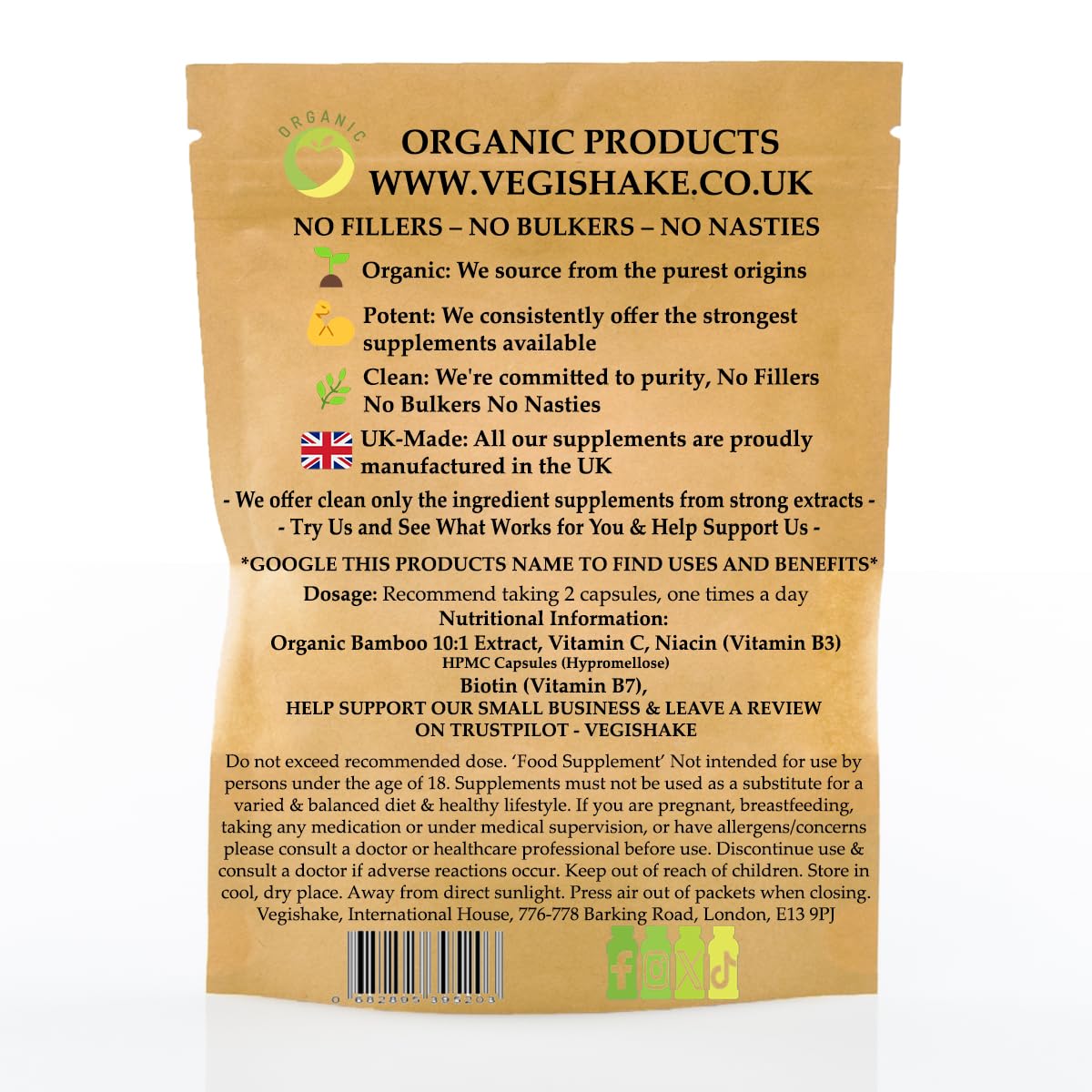 vegishake Hair Skin and Nails Vitamins – Biotin 10,000µg, Bamboo Extract, Vitamin C & Niacin – Vegan Capsules Hair Growth, Radiant Skin & Strong Nails (90 Capsules)