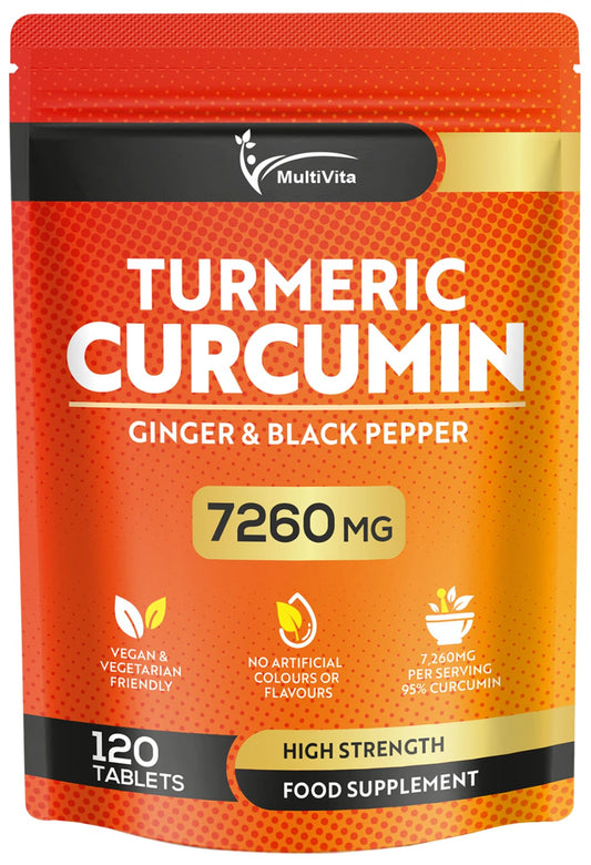 Multivita Turmeric Curcumin Tablets 7,260mg Per Serving - 95% Curcuminoids 2 Months Supply - with Ginger & Active Curcumin including Black Pepper to Aid Absorption - High Strength Tumeric Supplement - Vegan UK