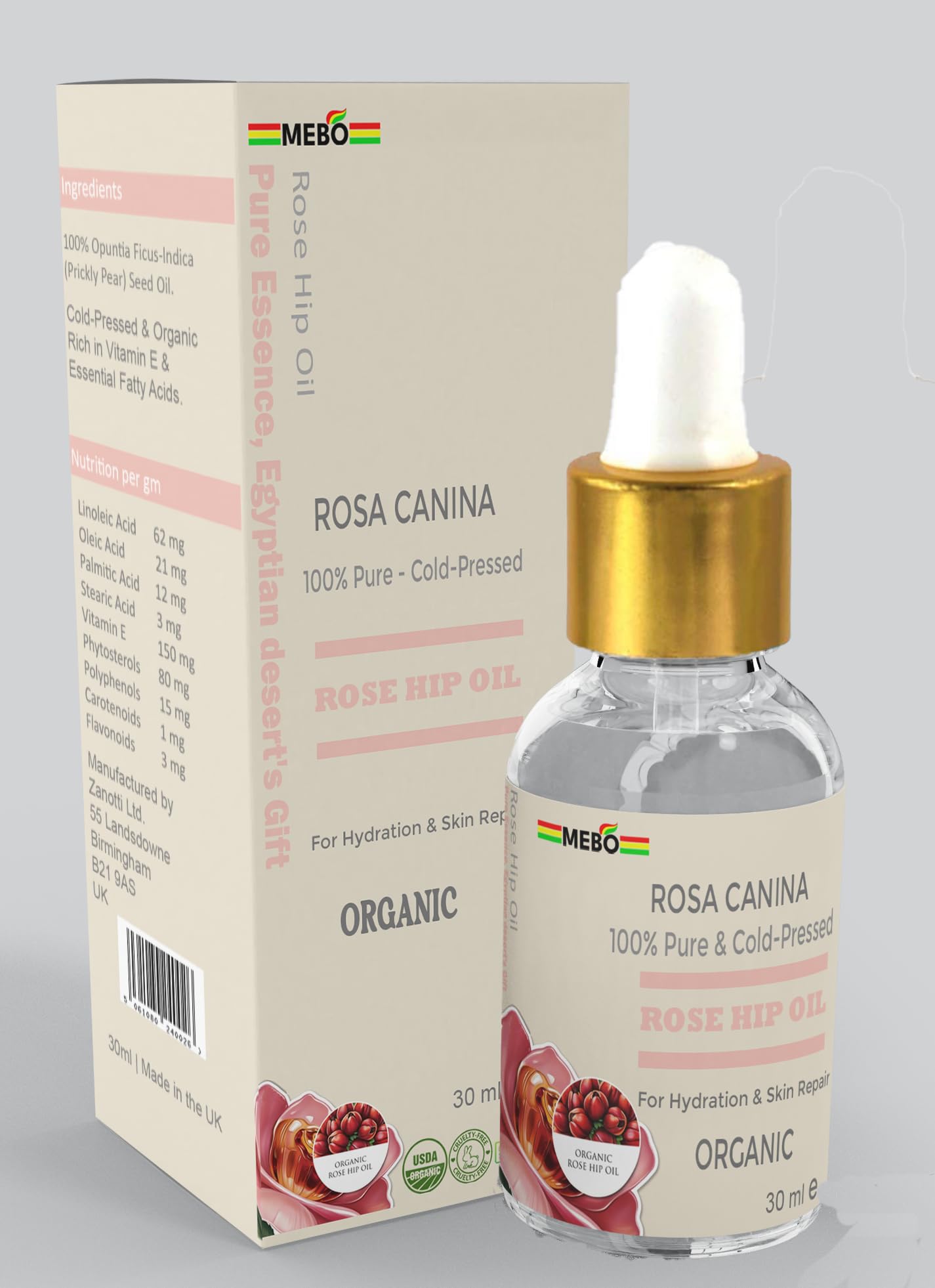 MEBO Organic Rosehip Oil - 100% Pure & Cold-Pressed - Rich in Vitamin C & Essential Fatty Acids for Face, Skin & Hair - Hydrating, Anti-Aging, Brightening & Nourishing – 30ml