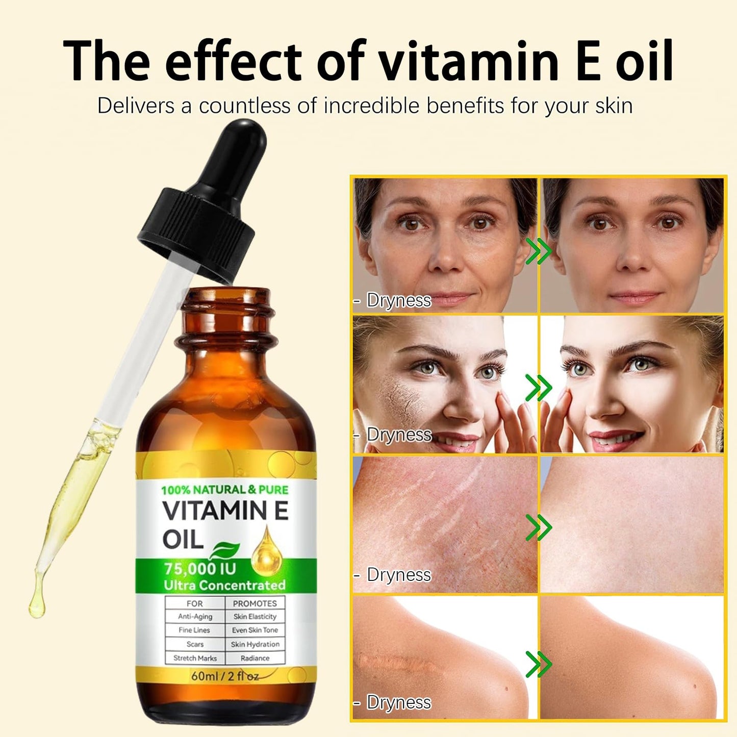 AuraBeen Vitamin E Oil with Jojoba for Face, Skin, Hair, Cuticle & Scars - Cold Pressed, Gentle Moisturizing & Repair Solution, Fast Absorbing, Firming Skin, Fill Fine Lines(2 Fl Oz)