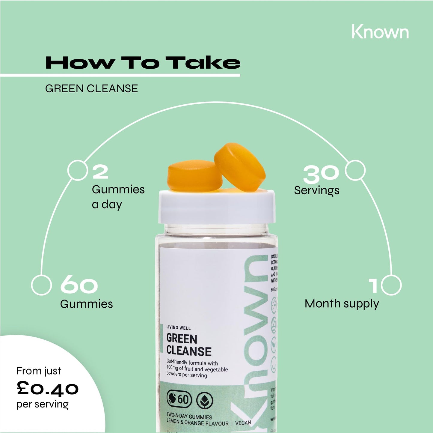 Super Green Powder Gummies by Known Nutrition | Natural Digestive Support | Natural Lemon and Orange Flavour | 60 Two-a-Day Vegan Vitamin Gummies (One Month’s Supply)  | Greens Powder Alternative