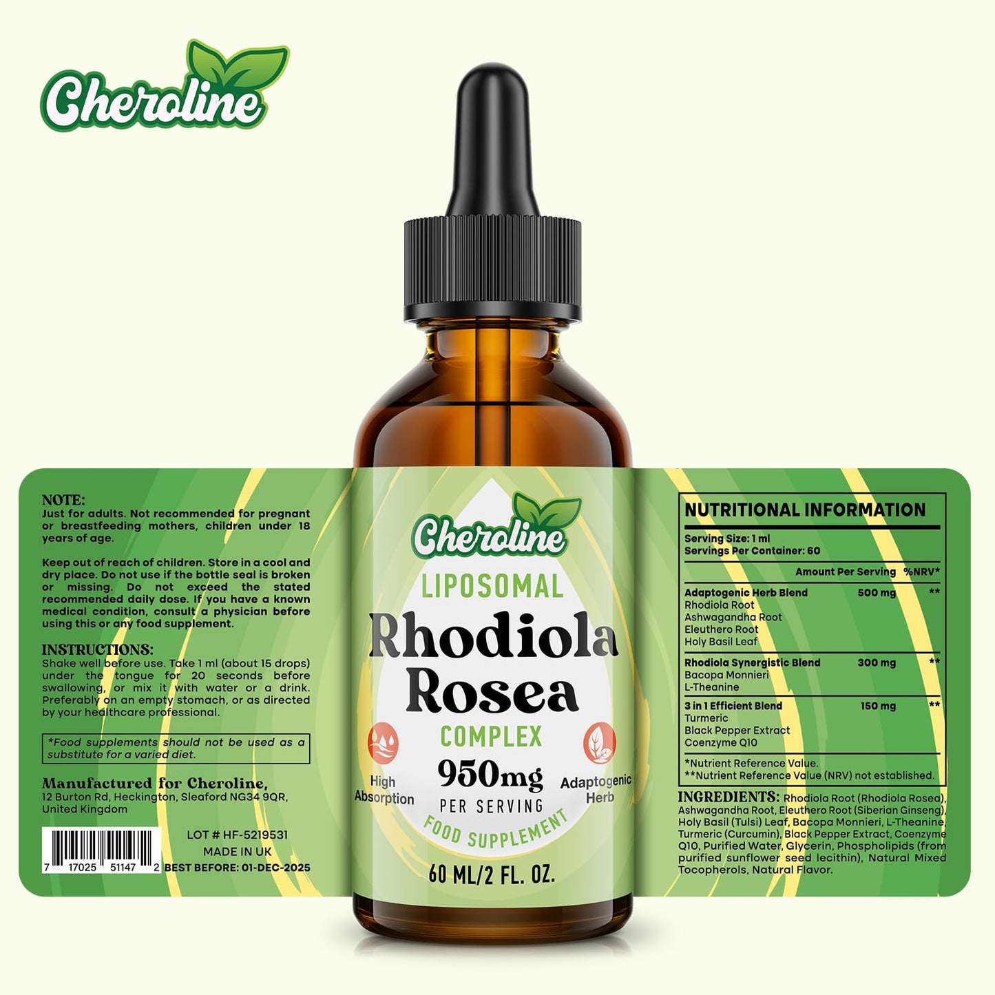 Liposomal Rhodiola Rosea 950MG, 9-in-1 Rhodiola Rosea Drops 240 ml, Rhodiola Root Extract Liquid, Vegan Adaptogenic Herb Supplement for Energy, Stress & Mood (Pack of 4)