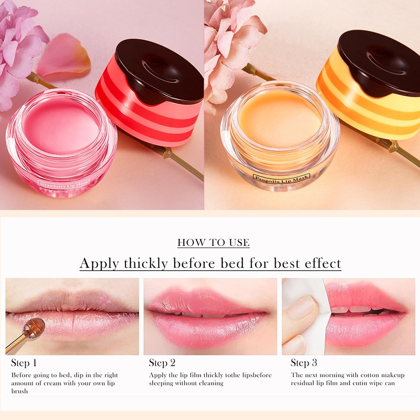 GEEWHILE Lip Sleeping Mask Lip Mask Skincare Lip Balm Set,2 Pcs Honey+Strawberry Bee Balm Moisturizing Lip Mask for Day&Night Lip Care,Repair,Prevent Dry Crack,Lip Line Reducing,Clearing Dead Skin