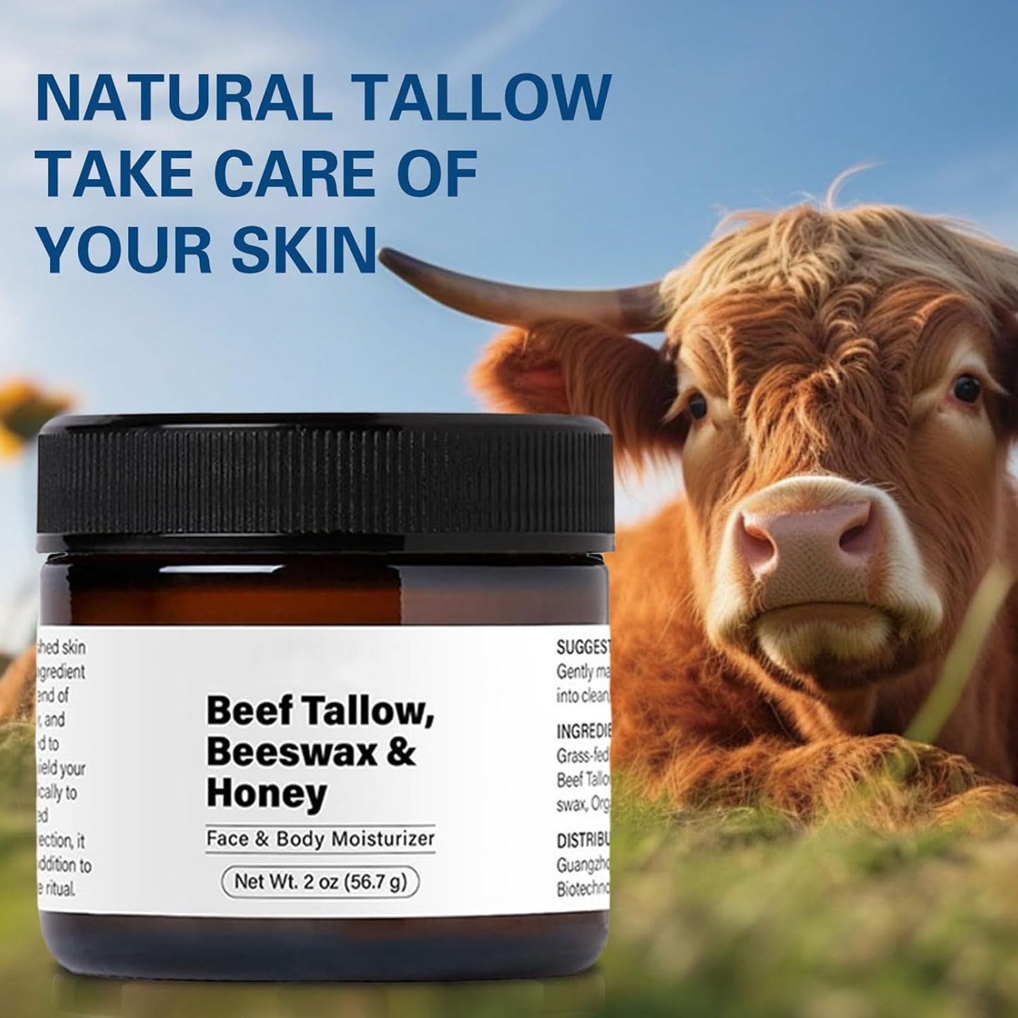 Beef Tallow Beeswax and Honey Face Moisturizer, Nourishing & Moisturizing, Purely Natural OrganicTallow Beeswax Honey Moisturizer for Face & Body - 2 oz