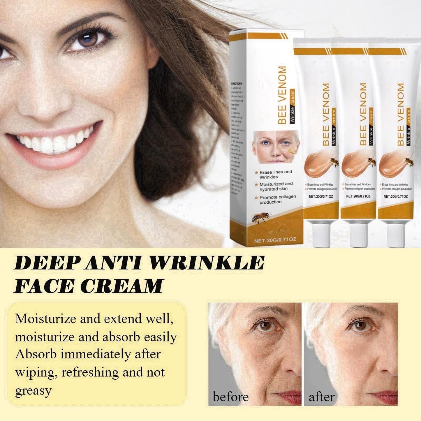 SingHao 3PCS Bee Venom Wrinkle Removal Cream,Bee Ven/om Anti-Wrinkle Cre/am,An/ti Wrin/kle Firming Multi Purpose Cr/eam,Anti Wrink/le Face Moisturizer,Be/e Ve/nom Skin Treatment Cream,Moisturizer C/ream