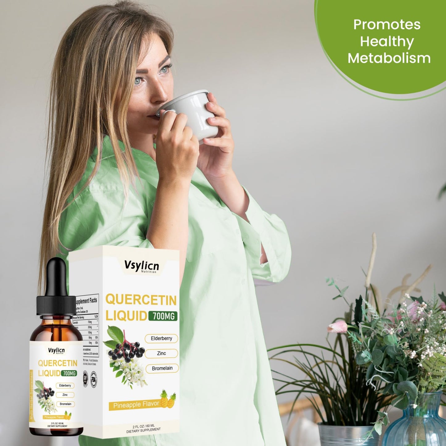 VSYLICN 700mg Quercetin Liquid Drops - Quercetin Bromelain Supplements - 5 in 1 with Bromelain Elderberry Vitamin - 4X Stronger Than Pills & Capsules - Immunity Health Respiratory Health Skin Care - 60ml