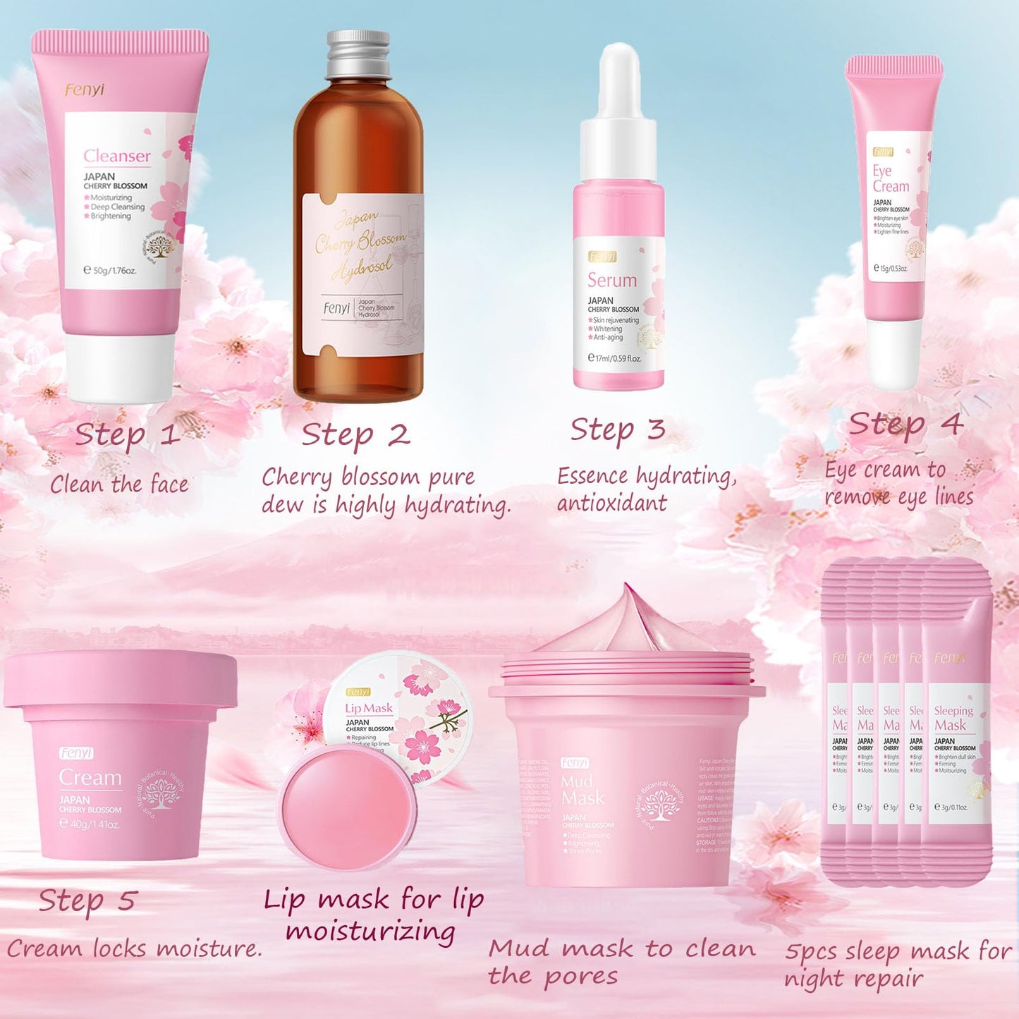DMQ 12pcs Skincare Gifts Set For Teenage Girls,Cherry Blossom Skincare Sets,High Moisturize Sakura Skincare Gift for Women, including Cleanser,Hydrosol,Serum,Cream,Eye Cream,Mask,Lip Mask,Mud Mask