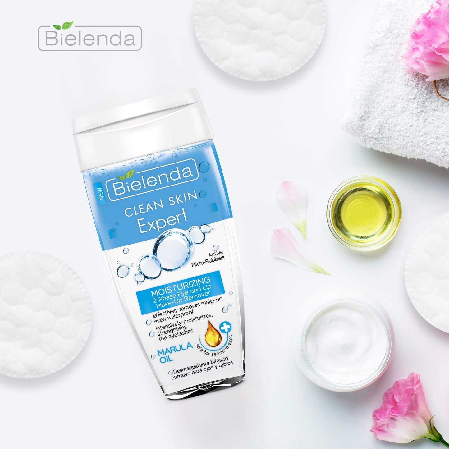 Bielenda Clean Skin Expert - Combination Of Marula Oil And Hyaluronic Acid - Clean Skin Expert Moisturizing 2-Phase Eye And Lip Make-Up Remover With Marula Oil - 150 ml