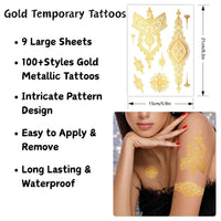 SHEBEEDO 9 Sheets Gold Metallic Temporary Tattoos,110+ Shimmer Glitter Designs Floral, Mandala,necklaces,Waterproof Long Lasting Body & Face Art Sticker for Women & Girls, Festival, Party, Beach, Cosplay