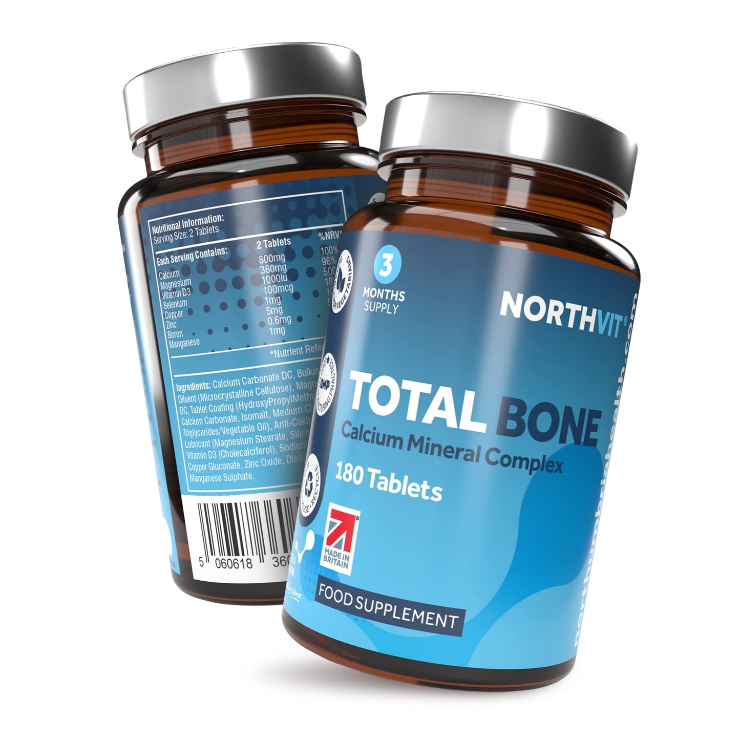Total Bone® Calcium Magnesium Zinc & Vitamin D3 Supplement – 180 Vegetarian Tablets – 3 Month Supply High Strength Osteo Tablets – Strong Bones & Teeth – Calcium Mineral Complex