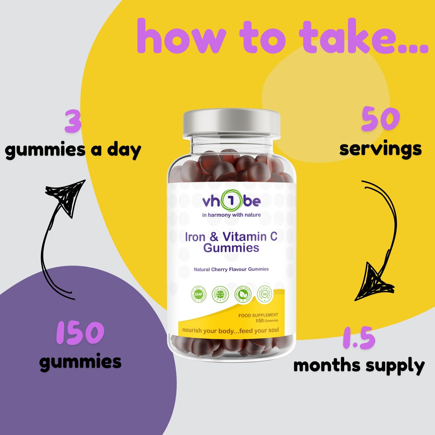 Iron Gummies with Vitamin C | for Teens & Aduts |High Strength Iron Supplement for Energy & Immunity | 150 Vegan Cherry Flavour Gummies | Gentle on Stomach | by vh1be