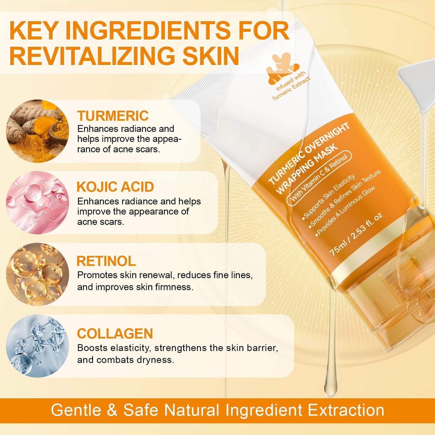 ThamGlow Turmeric Collagen Night Wrapping Mask, Kojic Acid Turmeric Collagen Mask Overnight Peel Off Face Masks - Brightening Face Treatment For Glowing Skin, Hydration Boost & Even Tone, Korean Skincare