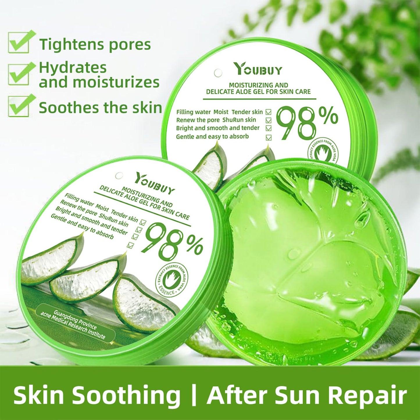 300ml Organic Aloe Vera Gel, 98% Pure Aloe Vera Gel For Face & Body, Aloe Vera Moisturiser For Hydrating & Smoothing Skin, Aloe Vera After Sun Gel, For For Dry Skin, Sunburn, Acne, Repair