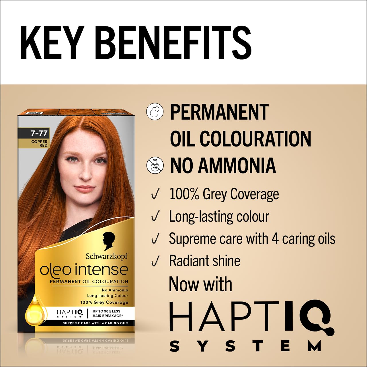Schwarzkopf Oleo Intense Permanent Oil Colour 7-77 Copper Red Hair Dye, 100% Grey Coverage, Conditioner with HaptIQ System, Long-Lasting Colour, Ammonia Free Hair Dye