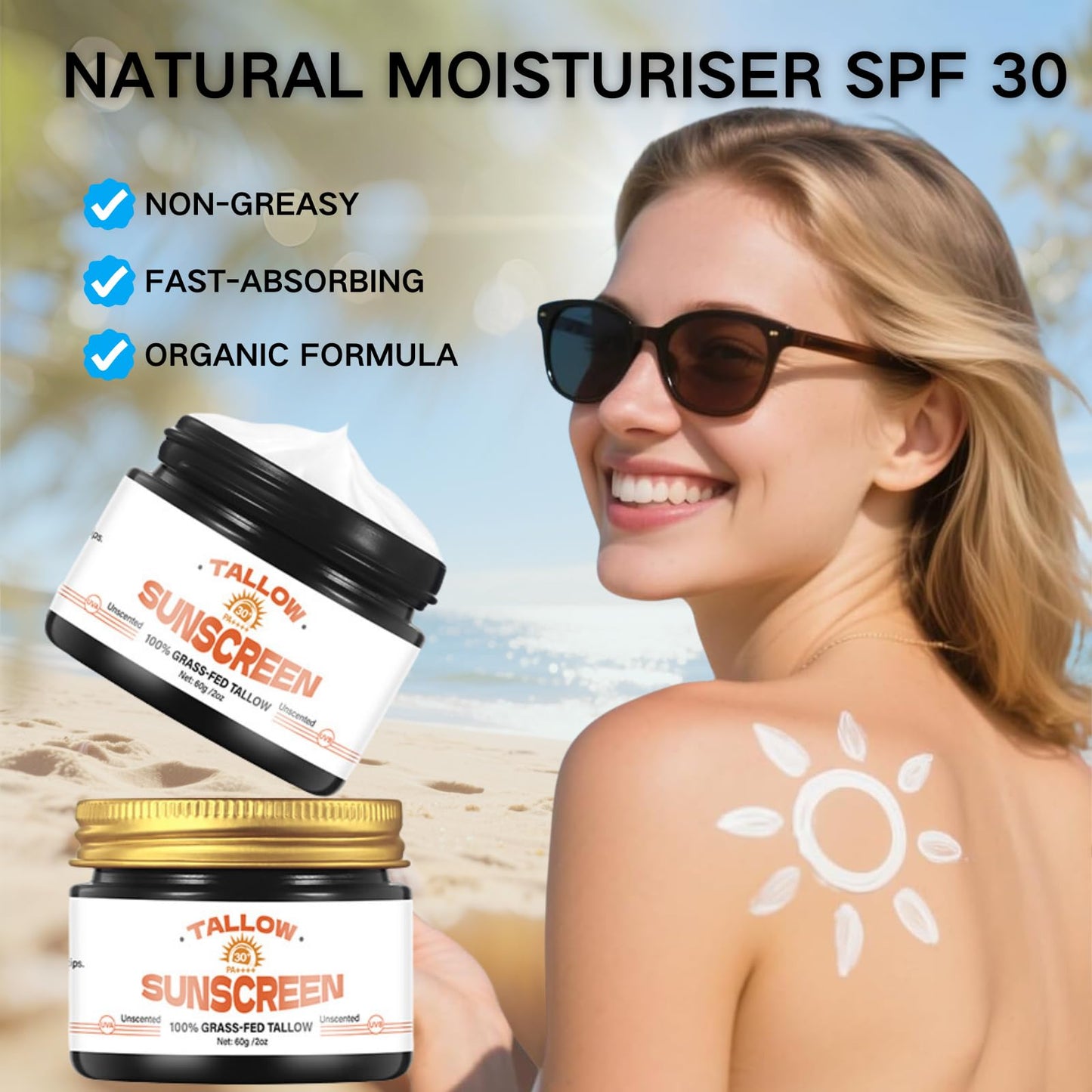 TBeautfave Beef Tallow Sunscreen SPF 30 - Beef Tallow for Skin - 100% Organic Grass-Fed Beef Tallow Sunscreen for Face & Body - SPF 30 Face Moisturiser, Hydrating, Unscented, Sweat & Water Resistant