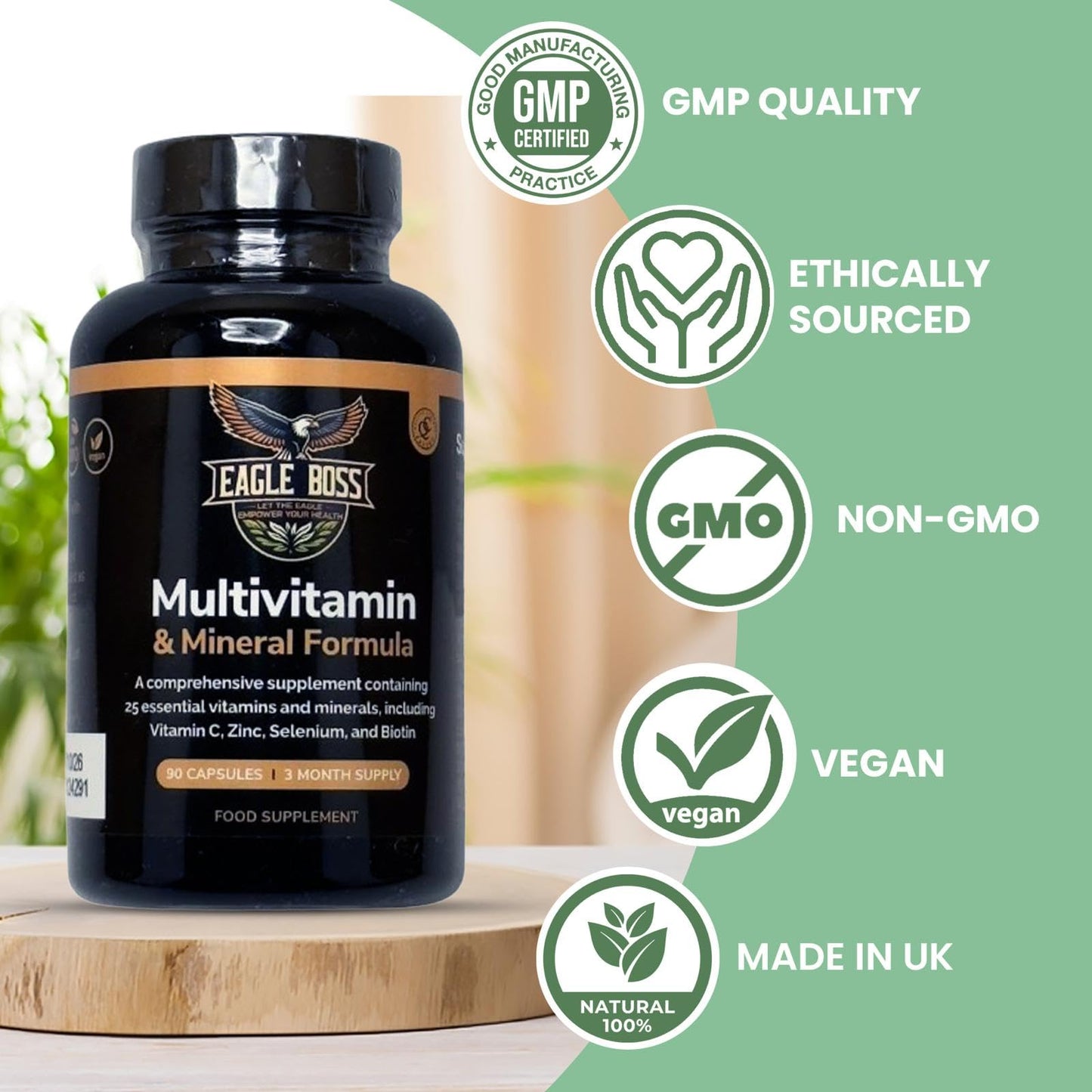 Eagle boss Eagle Boss Multivitamin and Mineral Formula, UK-Made, 90 Capsules, 3 Month Supply, 25 Vitamims and Minerals with B Complex, Zinc, Iron, Selenium, Lodine, biotine- for Men & Women