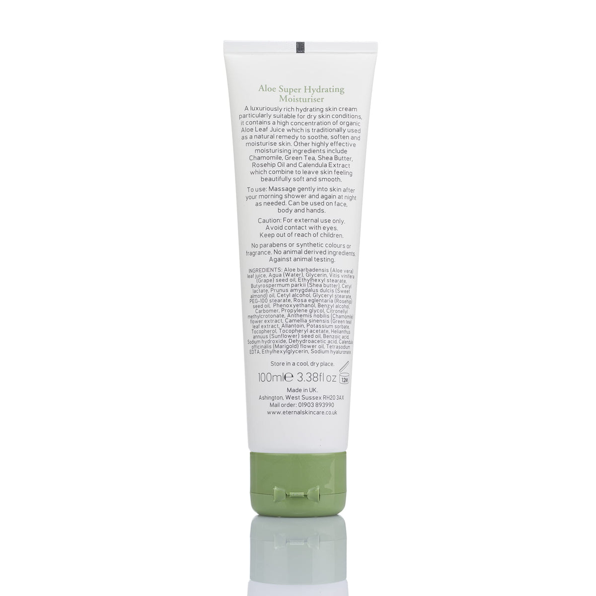 Eternal Skincare - Aloe Super Hydrating Moisturiser (100ml) Fragrance Free - Rich in Aloe Vera. For Dry and Sensitive Skin. For Body & Face. Made in UK.