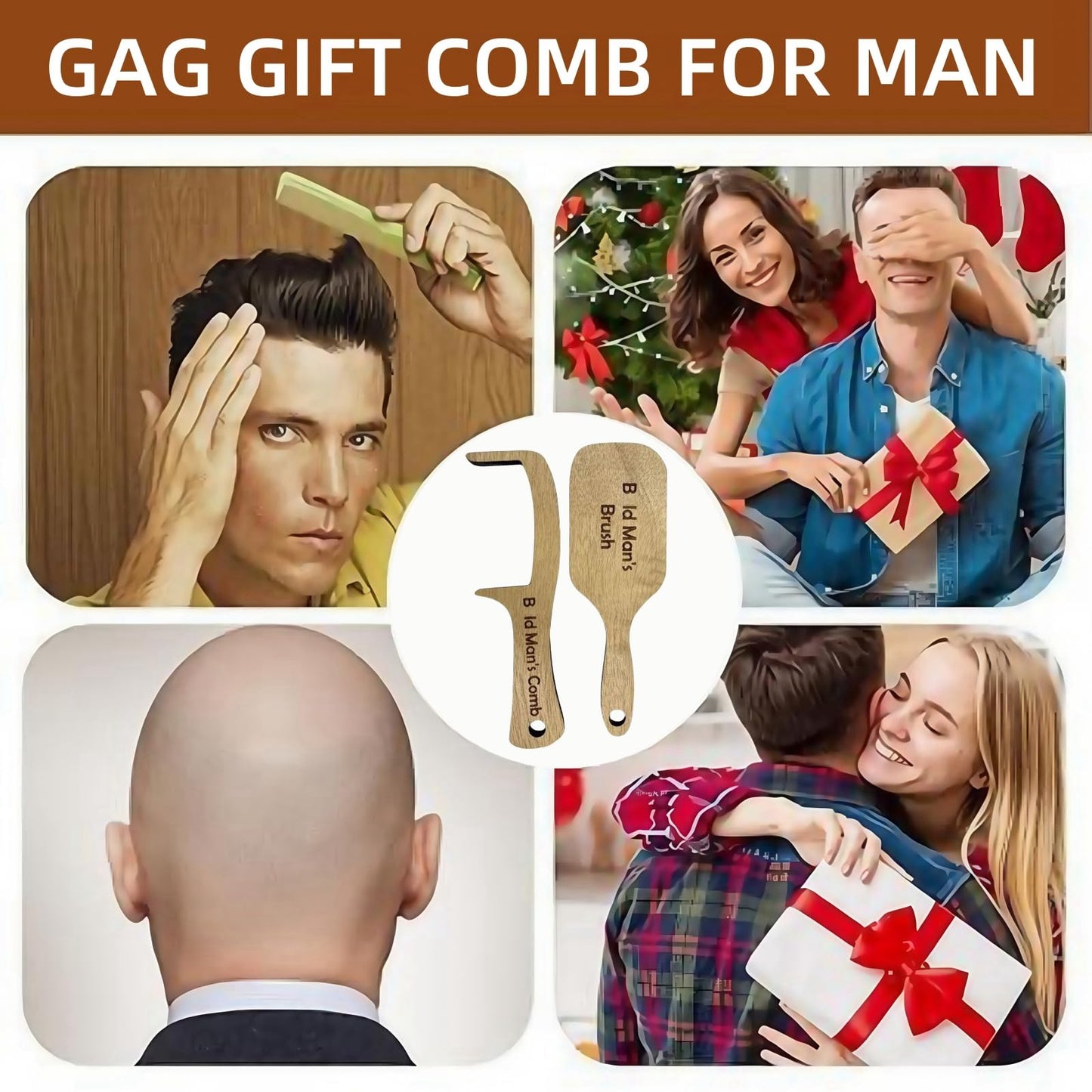 Jinjiar 2 Ba-ld Man Comb,Wooden Funny Hairbrush Comb,Joke Pranks for Adults,Humorous Toothless Combs Blad Mans Brush,Presents for Men,Hair Combs for Men,Ba-ld Mans Comb and Brush,Wooden Hair Comb,Ba-ld Comb