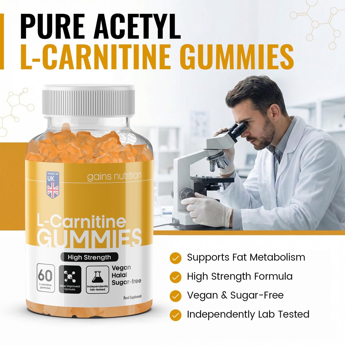 Gains Nutrition GN Acetyl L Carnitine Gummies | 60 L-Carnitine Gummies for Men & Women - High Strength Acetyl-L-Carnitine with Ashwagandha, Vitamins B6, B12 | Mango Flavour, Non-GMO & Suitable for Vegans