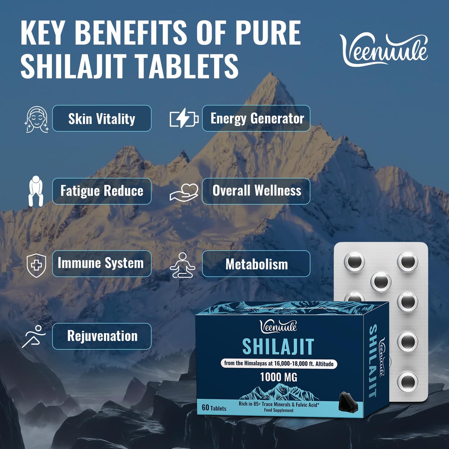 Veenuule 30,000mg Shilajit Tablets, Gold Grade Shilajit Supplement, Rich in Fulvic Acid & 85+ Trace Minerals (60 Count (Pack of 2))