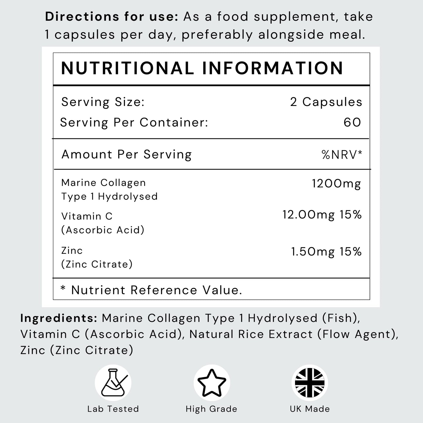 Marine Collagen Capsules 1200mg with VIT C (12mg) and Zinc (1.5mg) - Made in The UK - Type 1 Hydrolysed Marine Collagen Supplements for Women & Men - 60 Day Supply