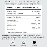Marine Collagen Capsules 1200mg with VIT C (12mg) and Zinc (1.5mg) - Made in The UK - Type 1 Hydrolysed Marine Collagen Supplements for Women & Men - 60 Day Supply