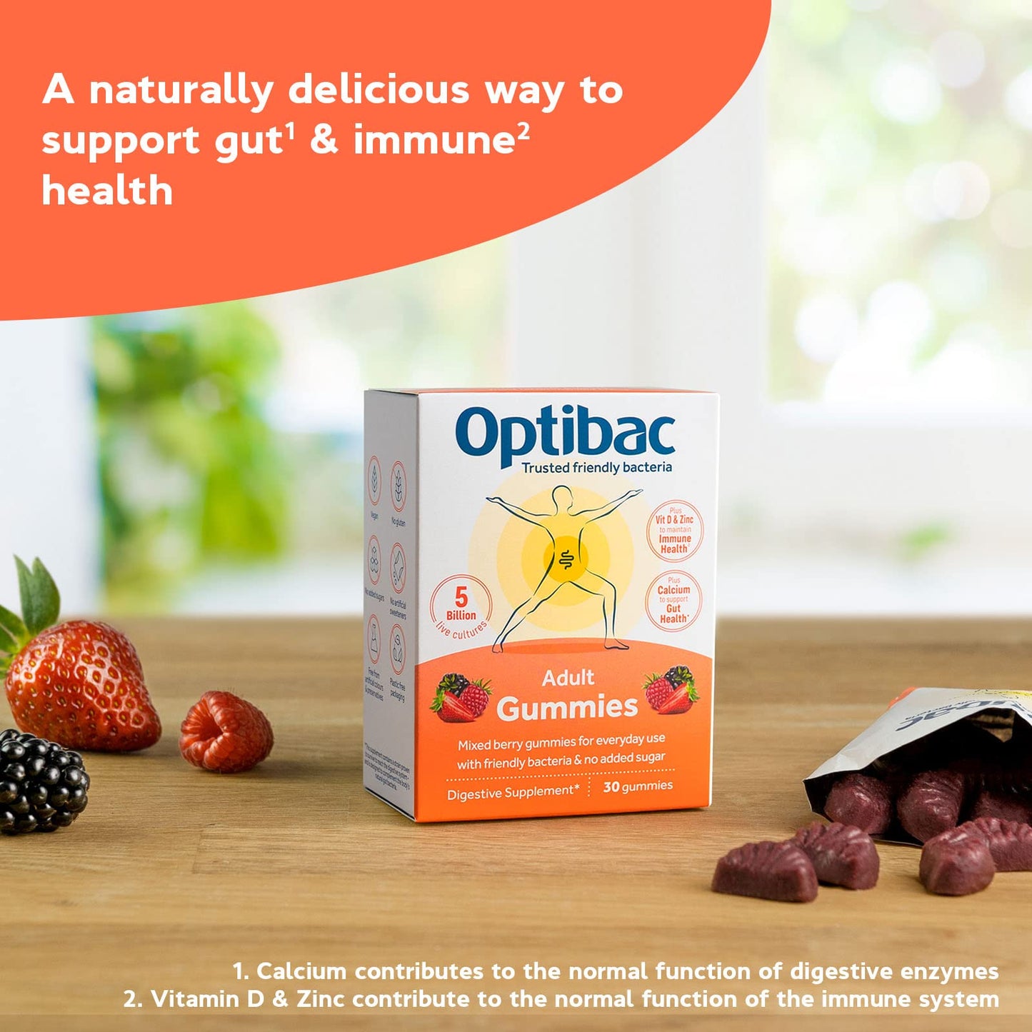 Optibac Probiotics Adult Gummies - Vegan Digestive Probiotic Supplement with Vitamin D, Zinc & Calcium for Immune Support & Gut Health - 5 Billion Bacterial Cultures - 30 Gummies