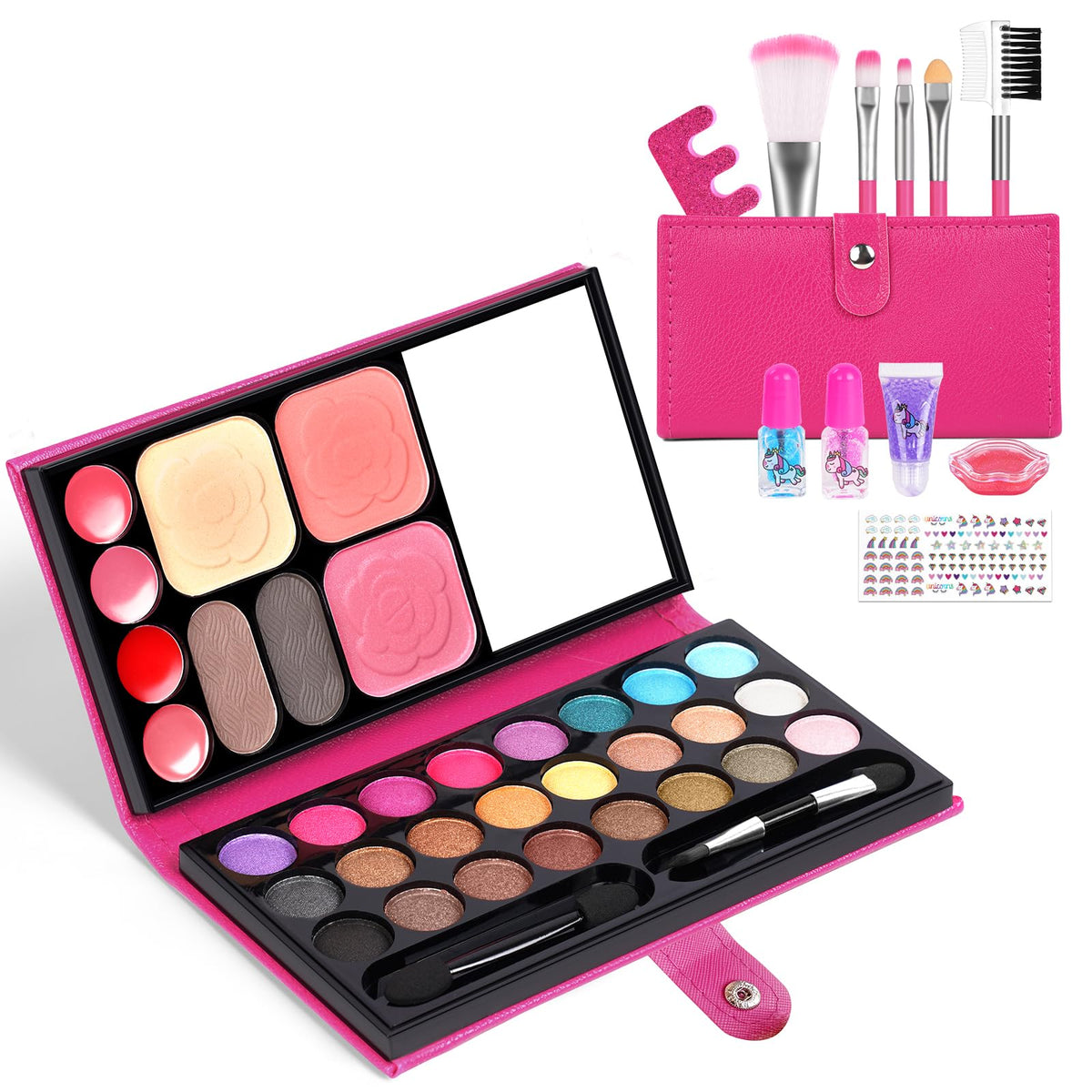 Aomig 33 Colors Kids Makeup Sets for Girls, 12 Pcs Princess Make Up Kit with 5 Brushes, Washable Children's Cosmetics Toys, Non-Toxic Makeup Kit, Cosmetic Beauty Set Gift for Kids Halloween Birthday