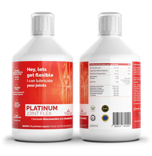 VitaZam Glucosamine and Chondroitin High Strength Platinum Joint Flex 500 ml Liquid MSM, Chondroitin Sulphates with Strong Osteoarthritis Formulation for Bones and Joint Health, Berry Flavour
