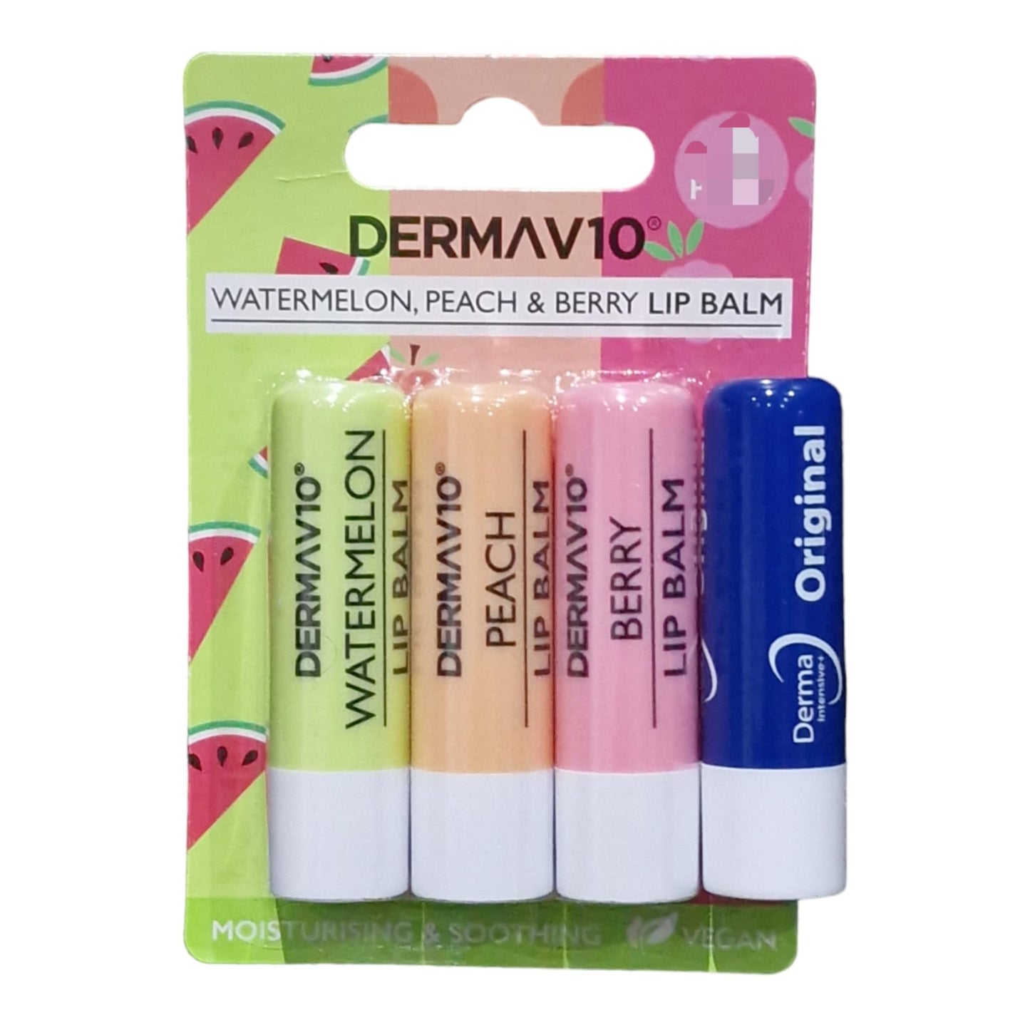 Generic Derma V10 Trio Pack 1 of Each Lip balm Peach Watermelon Berry AND 1 Original Derma intensive with Vitamin E Lip Balm 4.8g