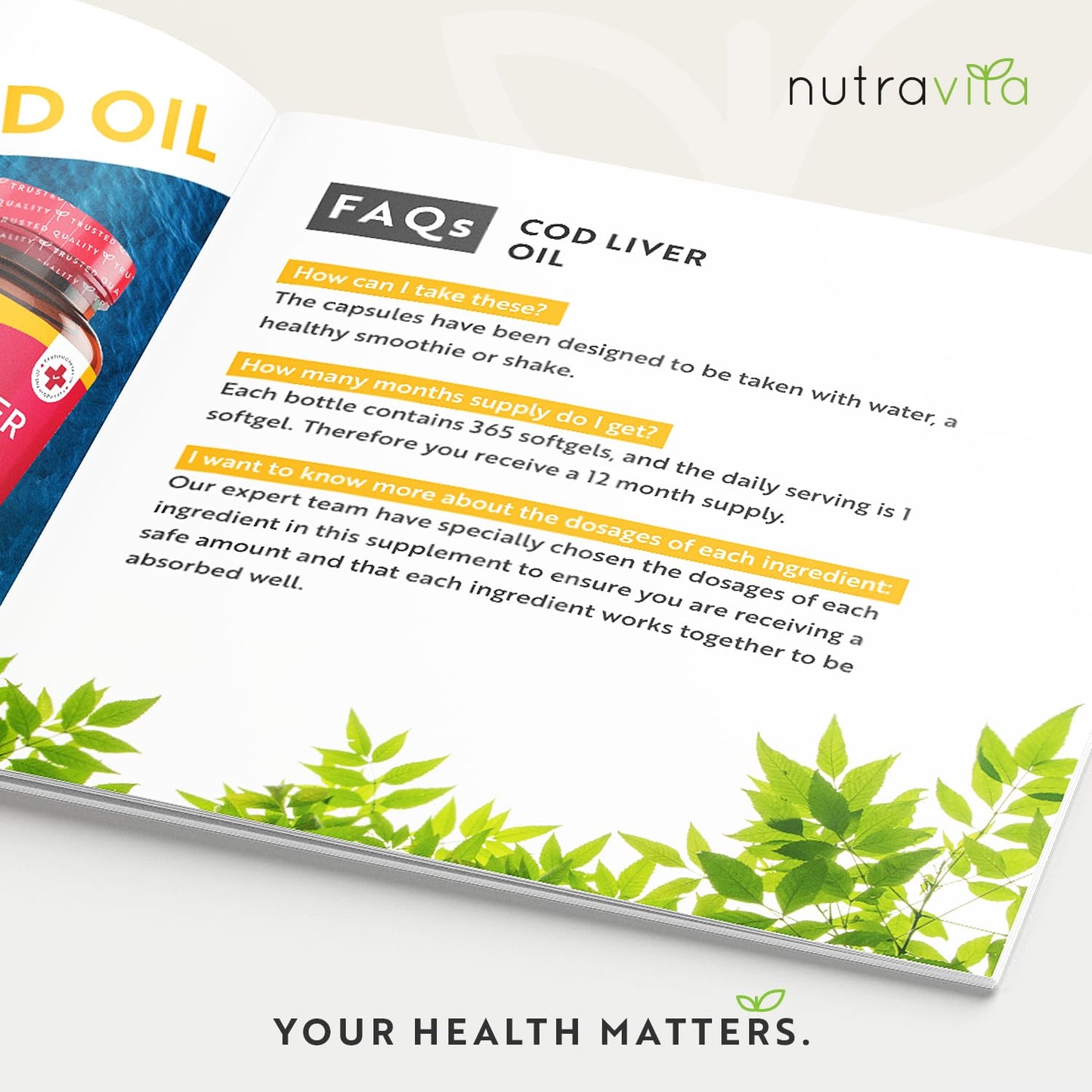 Cod Liver Oil 1000mg - 365 Softgels of Premium Cold Pressed Fish Oil - Rich in High Strength Omega 3, Vitamins A, D, E & Garlic Oil - Supports Heart & Brain Health - Made in The UK by Nutravita
