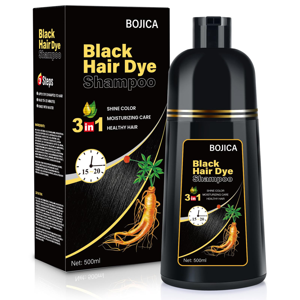 BOJICA Black Hair Dye Shampoo for Gray Hair Coverage, 3-in-1 Semi-Permanent Color Shampoo Herbal Ingredients for Women & Men 500ml