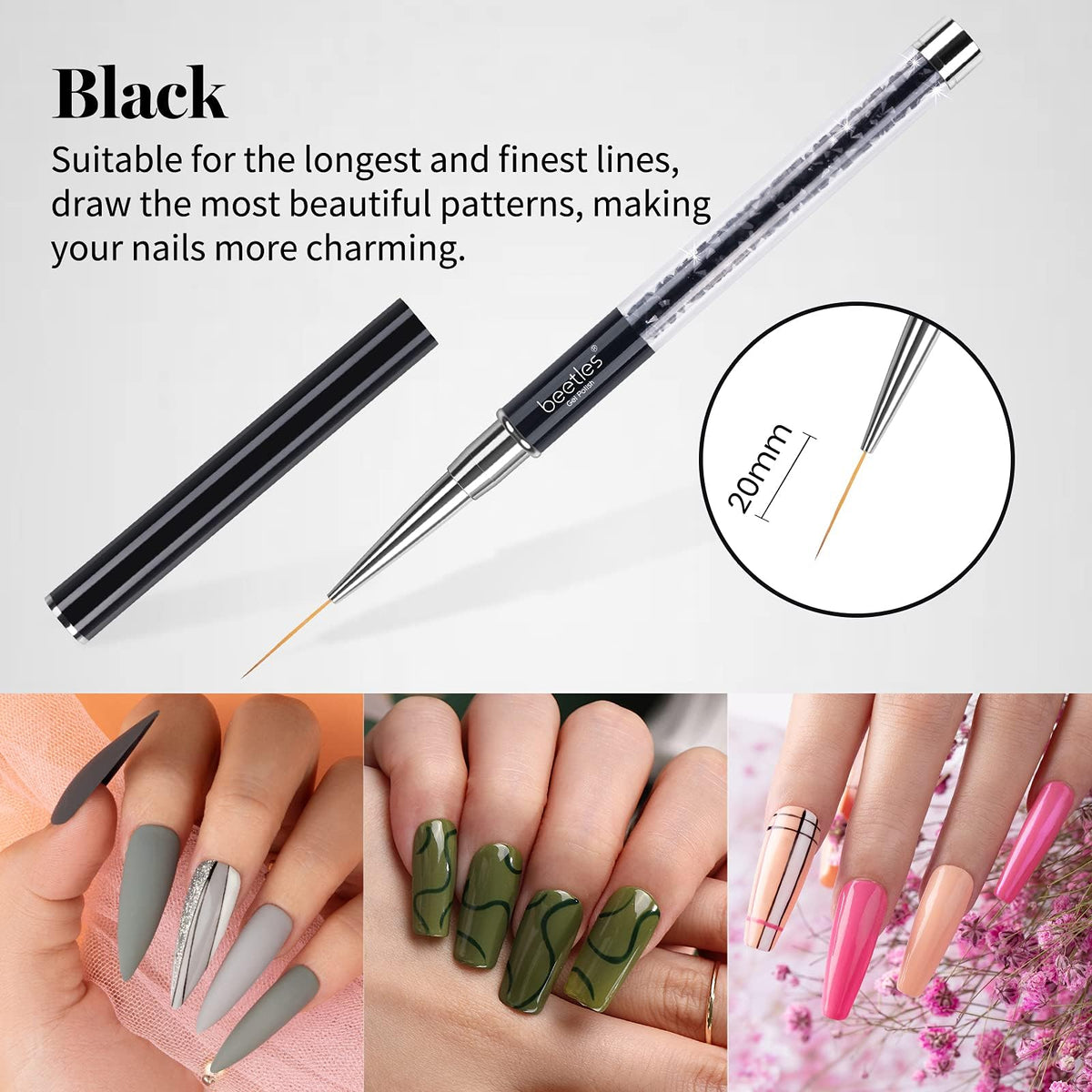 beetles Gel Polish Beetles Nail Art Liner Brushes, Nail Gel Polish Painting Nail Art Design Brush Pen Set Diamond Application Rhinestone Handle, Dotting Drawing Pen Sizes 5/7/9/11/20mm, 5Pcs