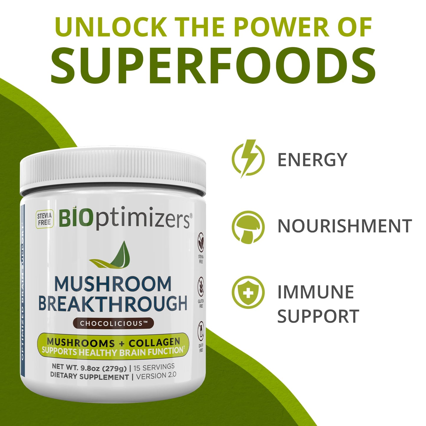 BiOptimizers Chocolicious Mushroom Breakthrough | Nootropic Supplement Blended Powder of Mushroom, Collagen & Superfoods: Lion’s Mane, Chaga, Reishi | 30 Servings