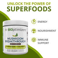 BiOptimizers Chocolicious Mushroom Breakthrough | Nootropic Supplement Blended Powder of Mushroom, Collagen & Superfoods: Lion’s Mane, Chaga, Reishi | 30 Servings