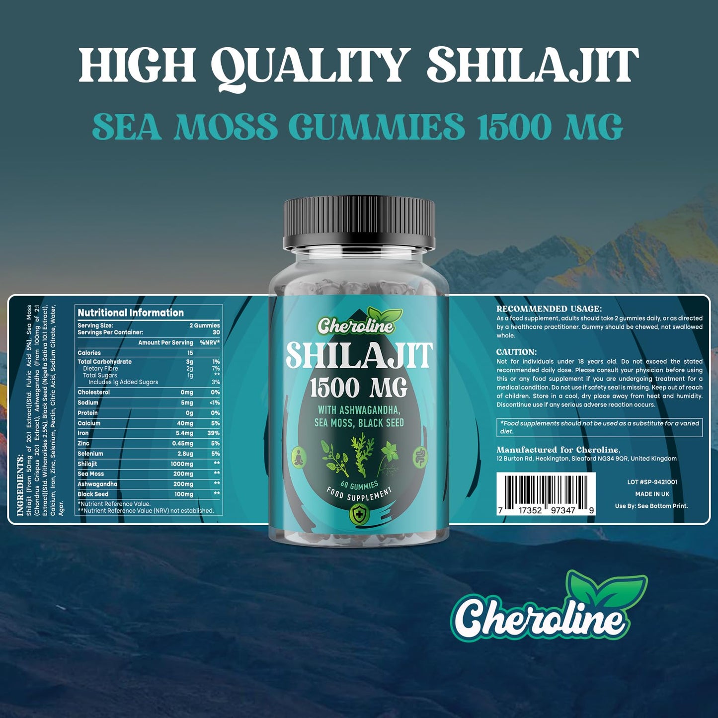 Cheroline Shilajit Sea Moss and Ashwagandha Gummies 1500mg Per Serving, Enriched with 60% Fulvic Acid & 85+ Trace Minerals, High Strength Complex for Energy, More Convenient Than Resin (60 Count (Pack of 2))