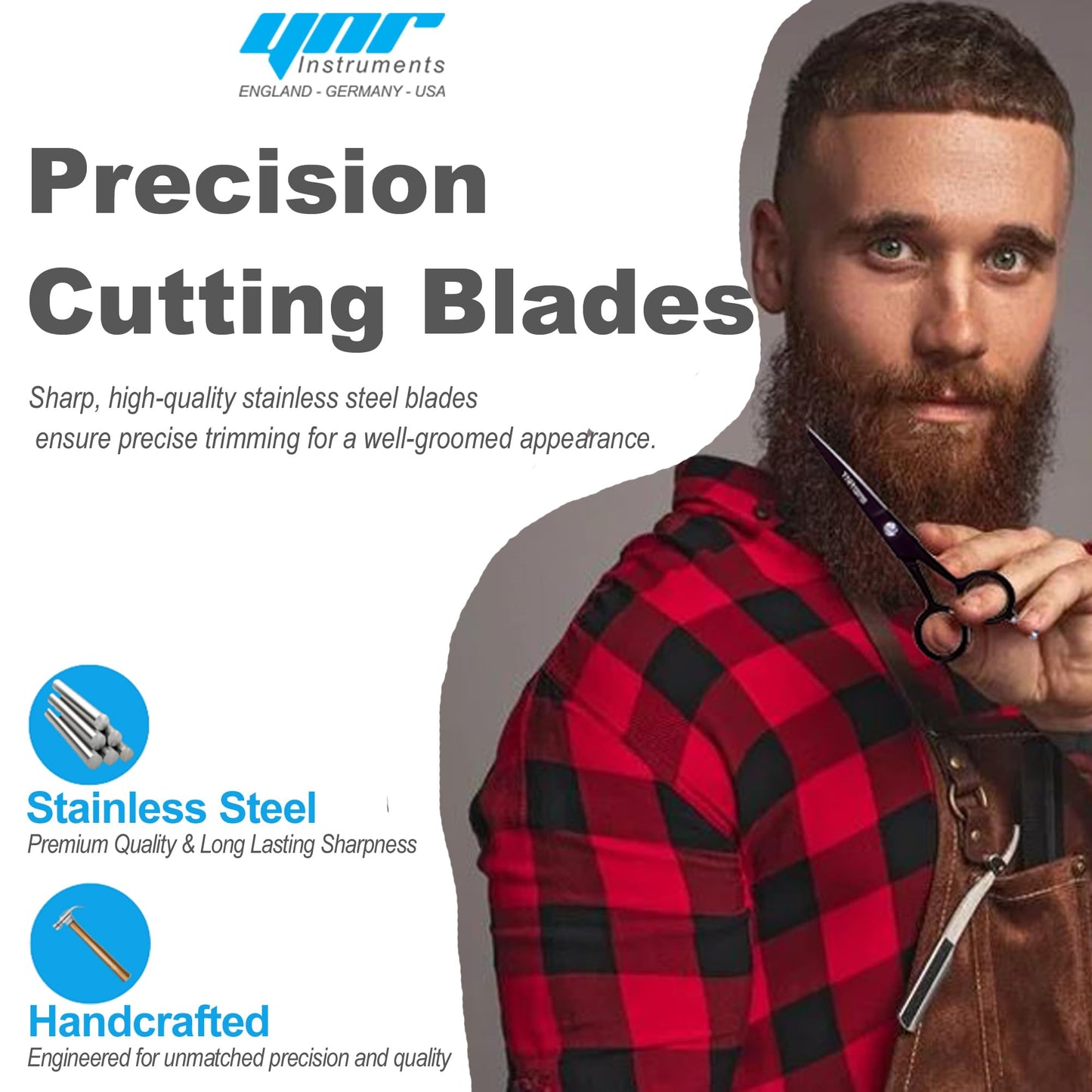 YNR Instruments England | Beard Moustache Scissors | Professional German Steel Mustache Trimming | Hand Forged Precision Edge Men Facial Hair Grooming Kit All Body Hair (Black)