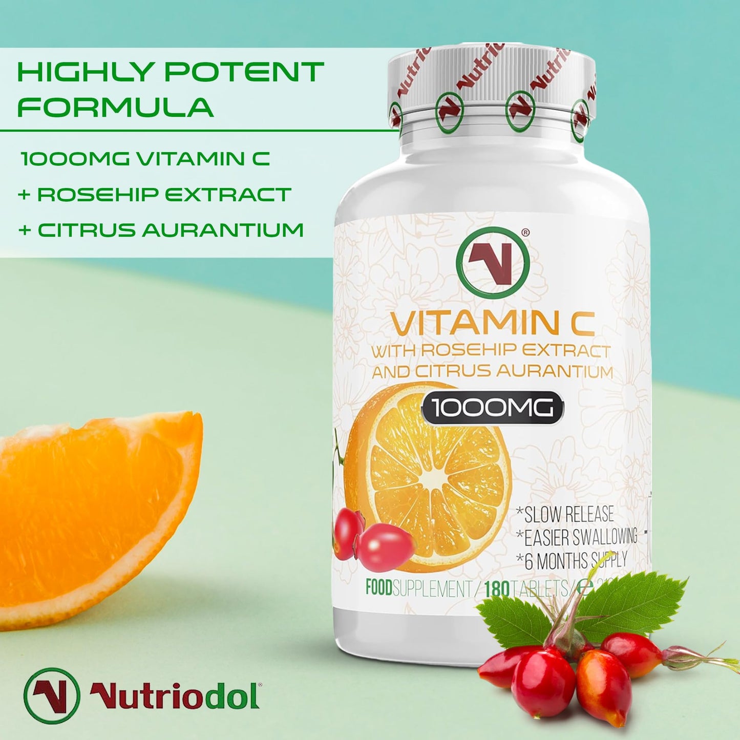 Nutriodol Vitamin C with Rosehip & Bioflavonoids 180 Tablets | 1000mg Easy to Swallow Tablets | Slow Release | Contributes to The Normal Function of The Immune System.