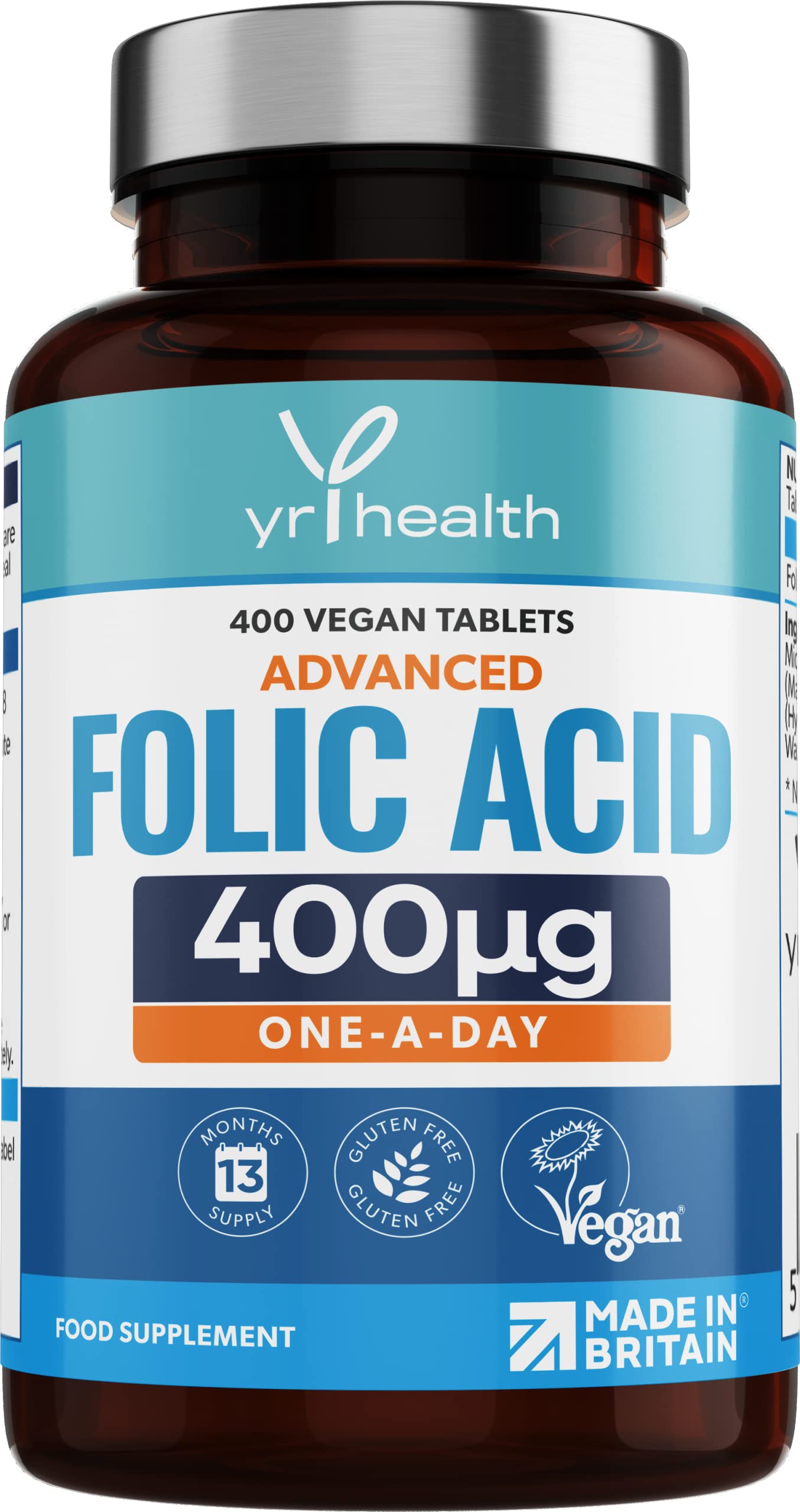 Folic Acid 400 mcg Tablets - 400 Vegan Vitamin B9 Tablets for Women, 13 Month Supply, Folic Acid Pregnancy for Normal Function of Immune System and Maternal Tissue Growth - Made in The UK by YrHealth