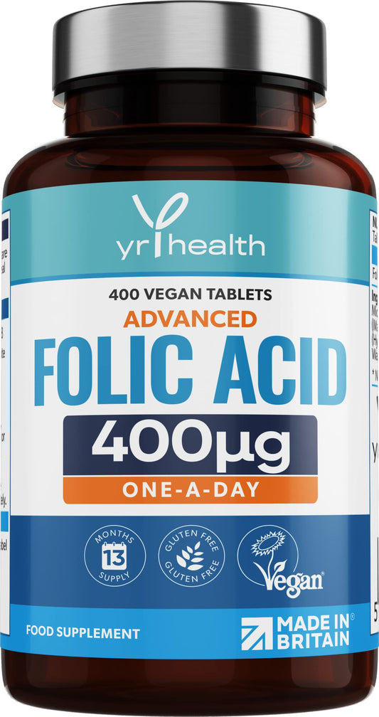 Folic Acid 400 mcg Tablets - 400 Vegan Vitamin B9 Tablets for Women, 13 Month Supply, Folic Acid Pregnancy for Normal Function of Immune System and Maternal Tissue Growth - Made in The UK by YrHealth